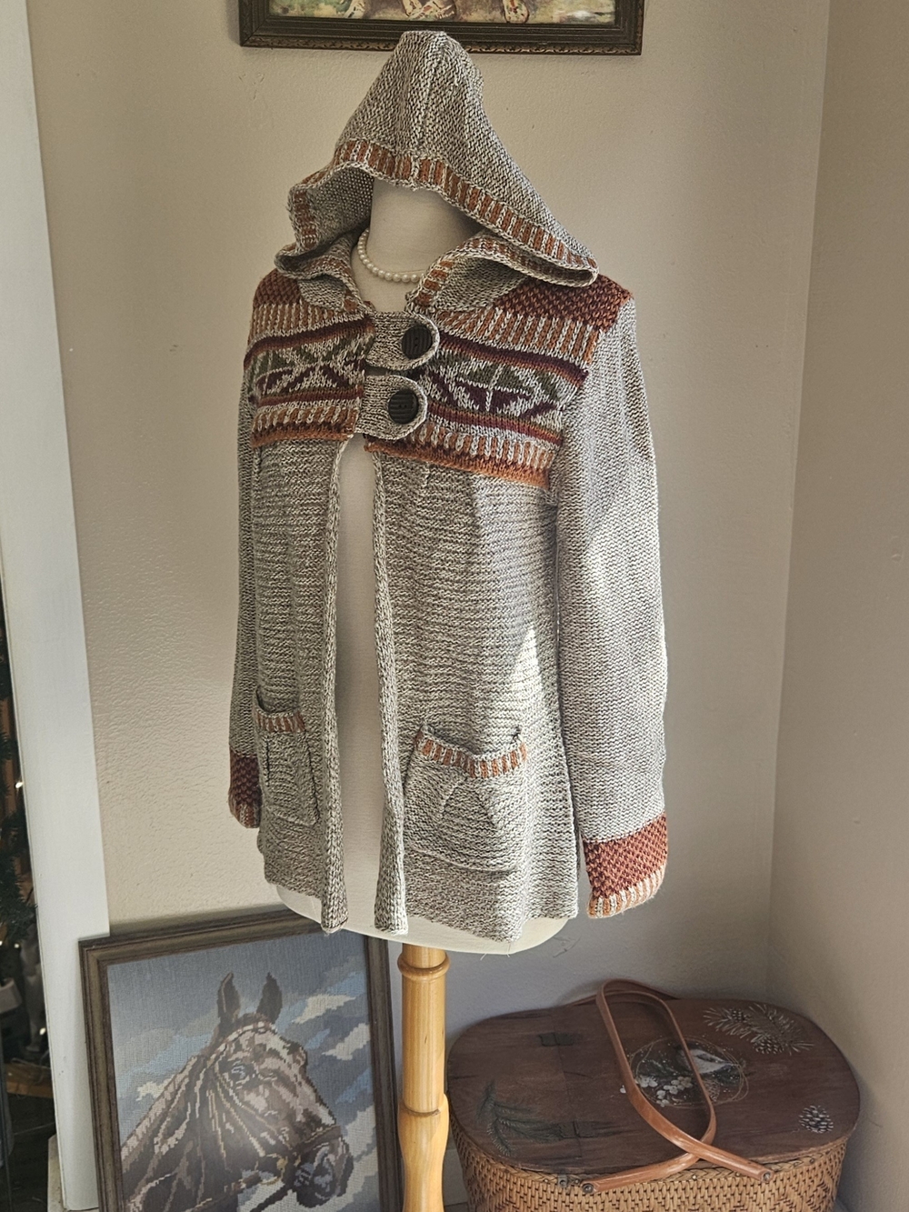 Royal Robbins Hooded Knit Cardigan - Light Gray with Rust and Burgundy Accents